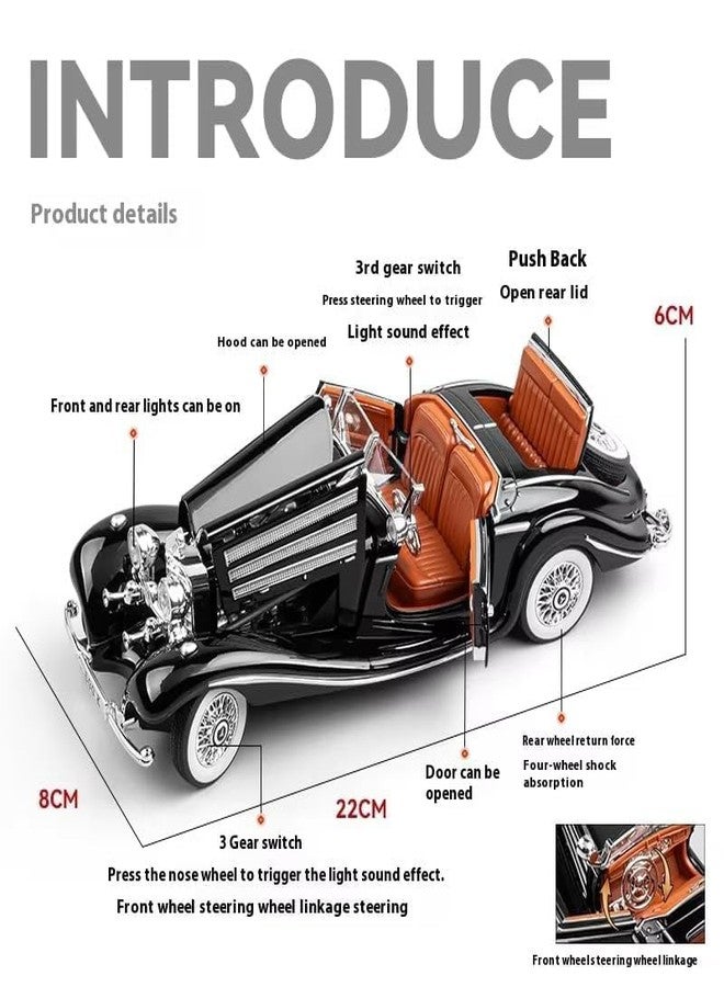 Arthasya Model 1:24 Mercedees Benz 500K Model Alloy Metal Pull Back Die-cast Car Openable Doors with Sound and Light Vehicle Car Toy for Kids - Multicolor - Image 2